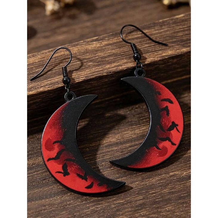 1 Pair Halloween Black & Red Gradient Moon Acrylic Earrings, Bat Crescent Moon Dark Gothic Style Personalized Earrings