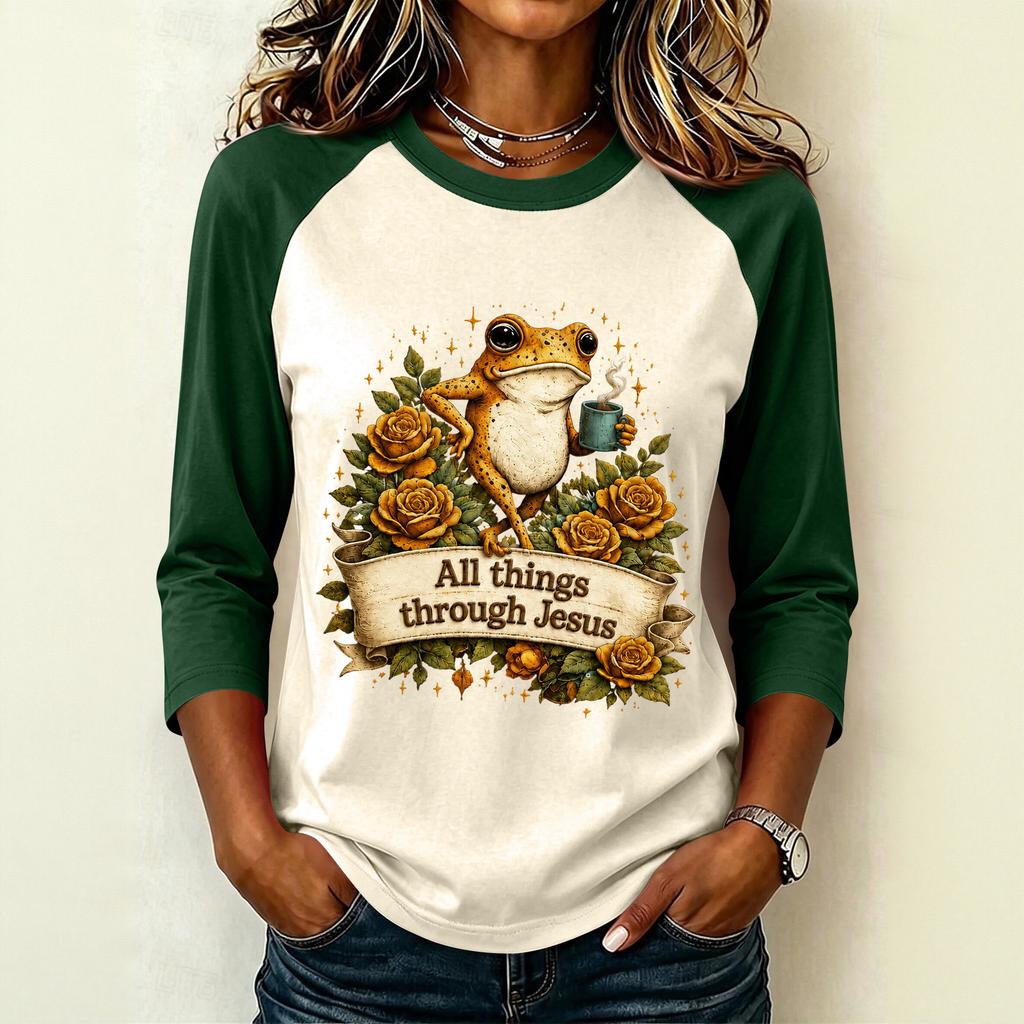 Women's Casual Letter Print Raglan Sleeve Three-Quarter Sleeve Round Neck T-Shirt