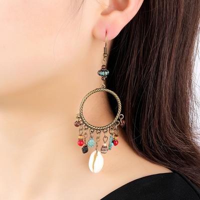 Bohemian Vintage Ethnic Style Geometric Circular Colored Bead Shell Tassel Hangling Earrings For Women Vacation Jewelry