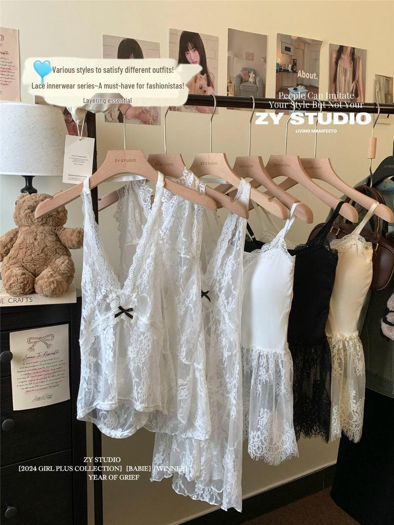 Winter 2024 Women's Lace Slip Dress - Sleeveless, Layered, Waist-Hugging with Bow