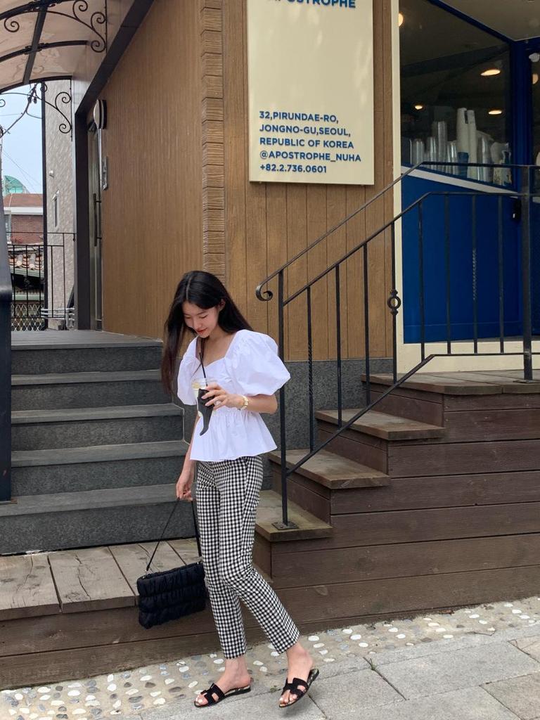 Koreanisches Sommer Puffärmel Quadratkragen Slim Fit Hemd für Damen