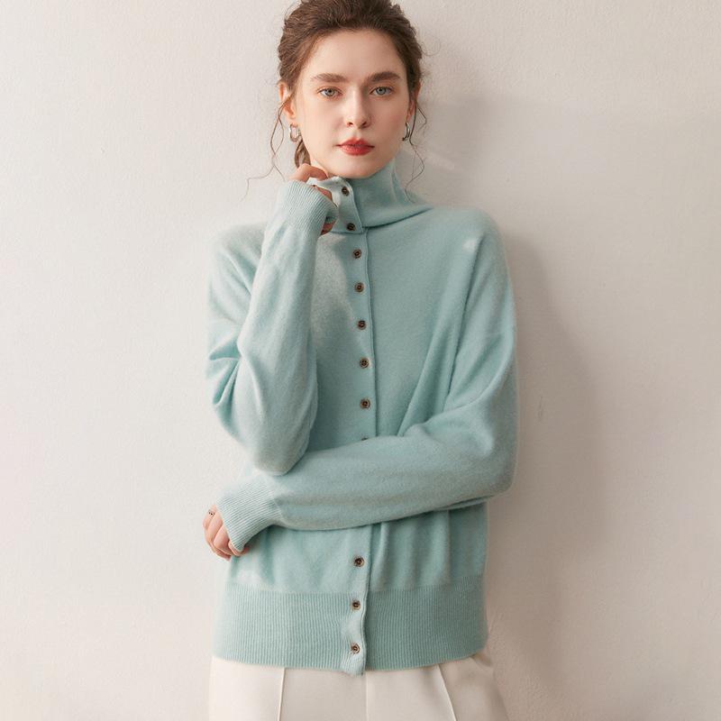 Women's Loose Fit Cashmere Wool Cardigan - Autumn/Winter High Neck Multi-Button Knit Sweater Jacket