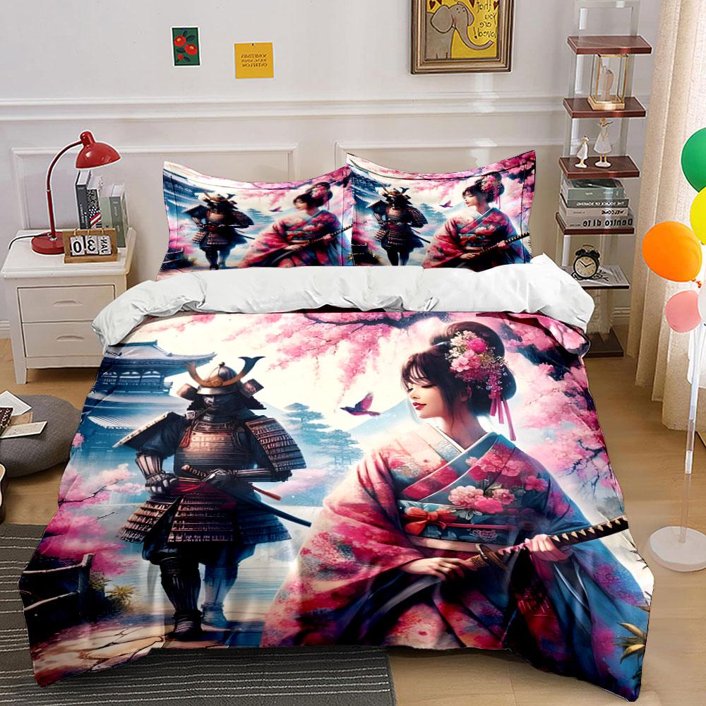 Samurai and Kimono Art Set Bedding Set with 1 Duvet Cover 2 Pillowcases Single Double King Queen, Gift