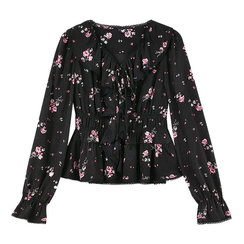 Elegant Floral Print Chiffon V-Neck Blouse S