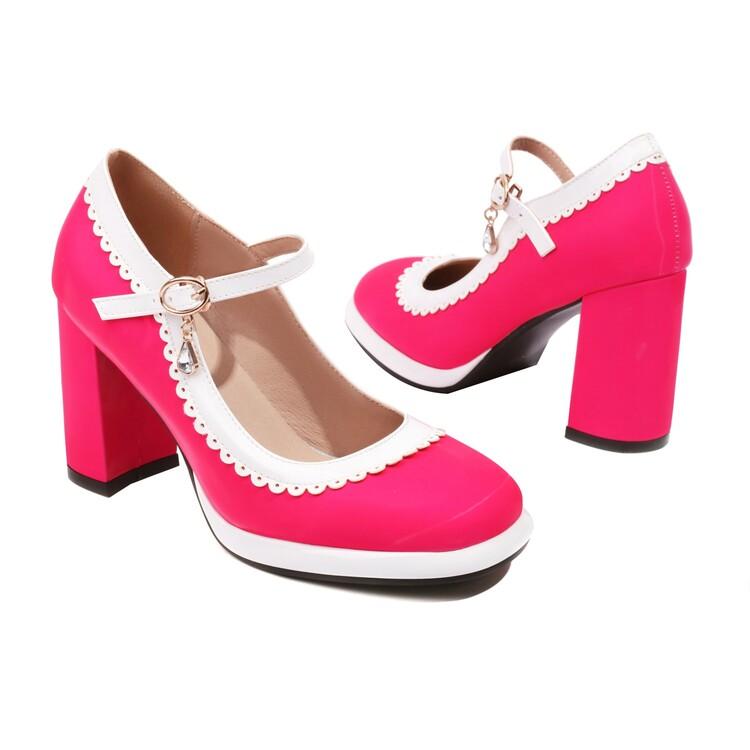 FOREADA Women Pumps Thick Super High Heels Round Toe Mary Janes Crystal Party Sexy Spring Autumn Shoes Rose-carmine Red Blue