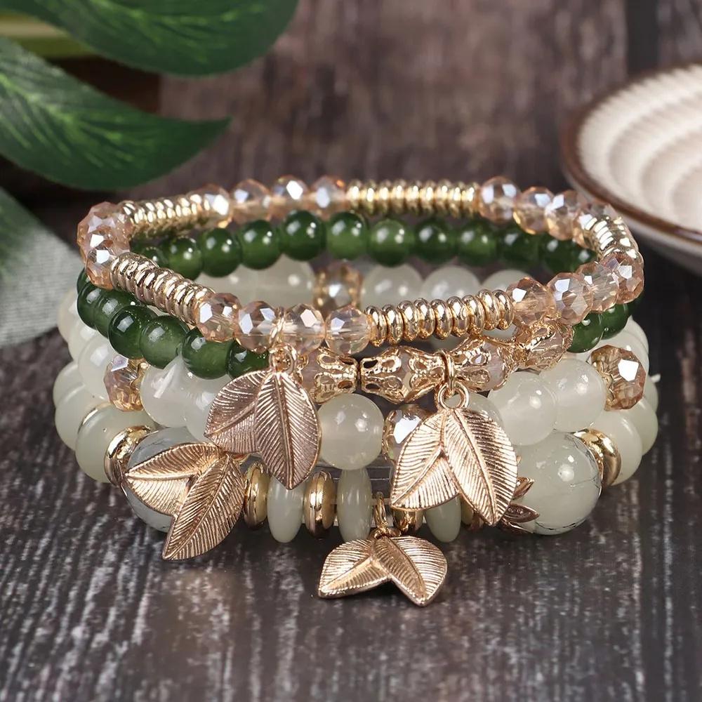 

Богемний Листок - Етнічна Підвіска Еластичний Шнур Намистини Багатошаровий Браслет One Size зелений