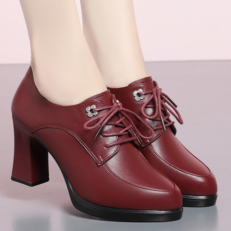 2026 new women's shoes spring and autumn single shoes women's high heels sub-lace-up women's leather shoes