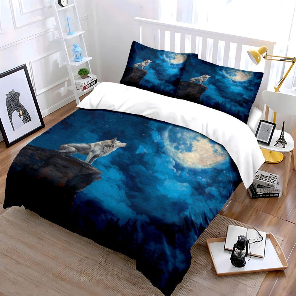 3Pcs Howling Wolf Bedding Set, White Wolf Under Full Moon Print Duvet Cover + 2 Pillowcases, Kids And Adults Home Decor