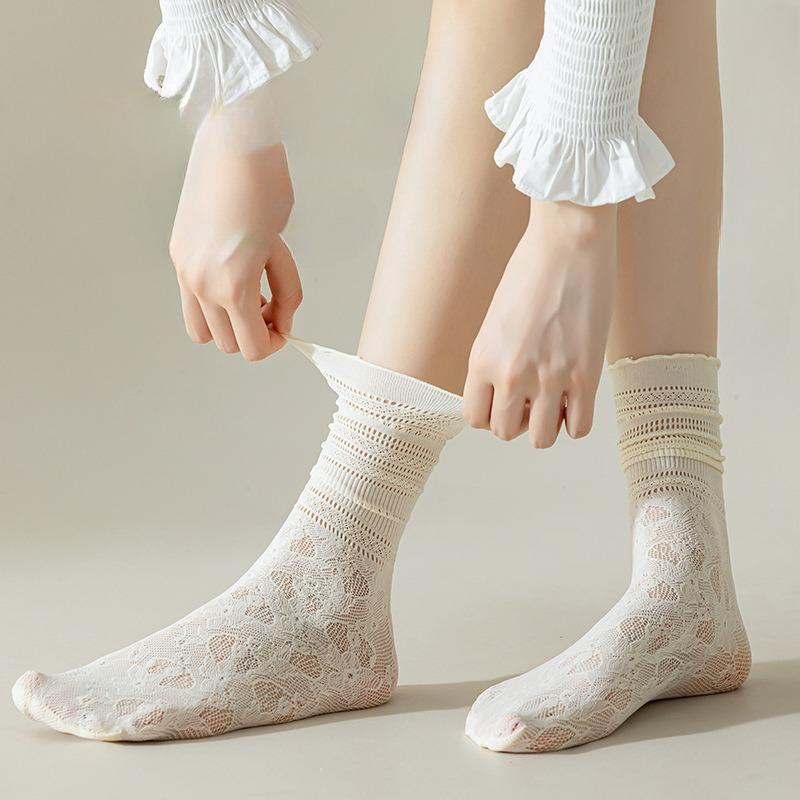 Lace Socks, Thin Pile Socks, Sweat-absorbing and Breathable, Mesh, Black Ear-edge, Women's Mid-calf Socks with Cutlery