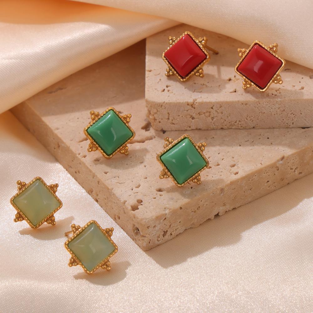 

Wind Round Beads Square Edge Colored Gemstone Ear Buckle Simple Titanium Steel Plated 18k Gold Earrings Women Do Not Fade