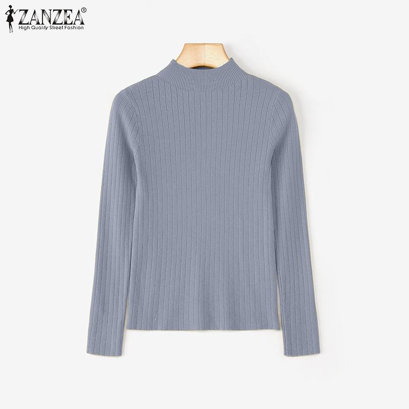ZANZEA Autumn Spring Women Mockneck Long Sleeve Stretch Rib Knitted Sweater Undershirts