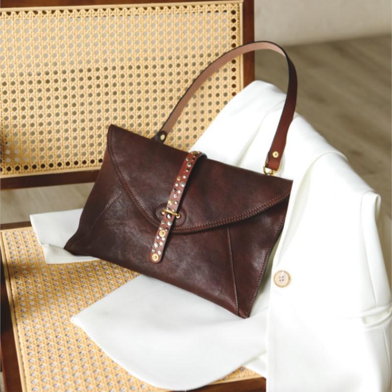 Johnature Handmade Retro Genuine Leather Rivet Clutch Bag High-quality Flip Cover Envelope Bag Shoulder Crossbody Bag