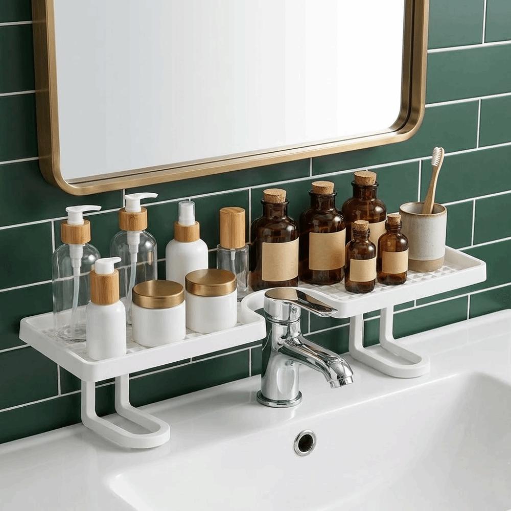 No Drill Bathroom Storage Rack Plastic Bathroom Sink Shelf Faucet Storage Shelf for Kitchen