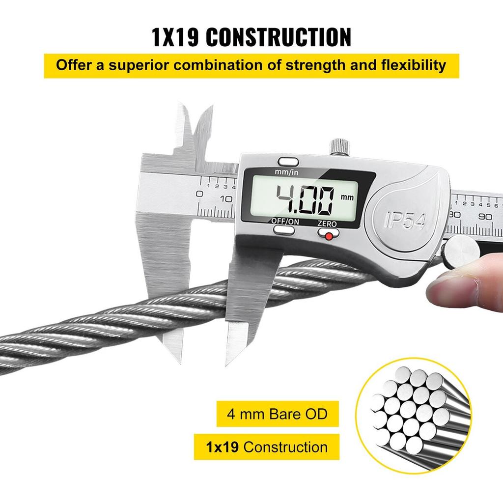 316 Stainless Steel Cable, 500FT Stainless Steel Wire Rope of 5/32 Inch Diameter and 1x19 Construction, 3300 LBS Breaking Strength Steel Cable for
