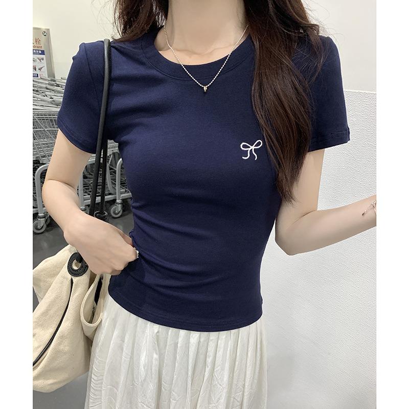 Embroidered Short Sleeve T-shirt Women's Round Neck Base Top