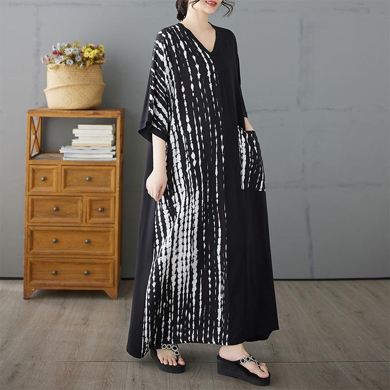 Summer new cotton and linen literary and retro contrasting colors loose V-neck foreign trade dress women's clothing