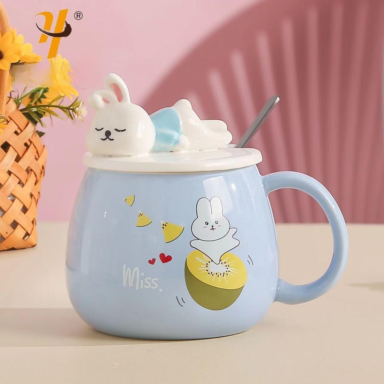 

Cute Rabbit Cups Ceramic Cups High Appearance Level Couple Mugs Creative Embossed Coffee Cups with LIDS Milk Cups 420ml