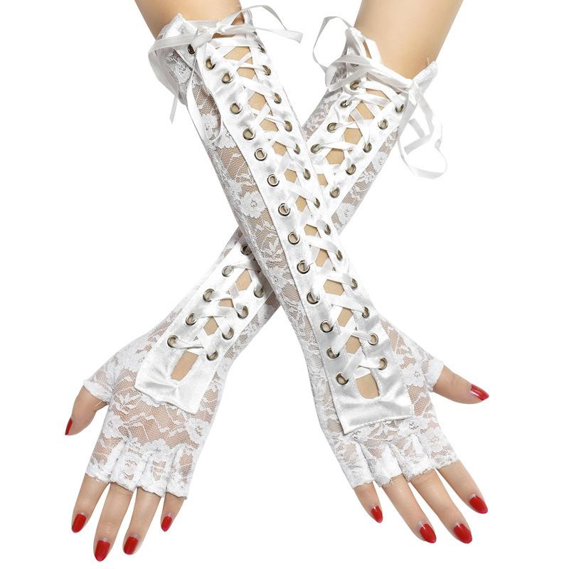 

Women Sexy Lace Long Gloves Elbow Length Half-Finger Gloves Ribbon Fingerless Fishnet Mesh Ceremonial Party Cosplay Lolita Glove One Size