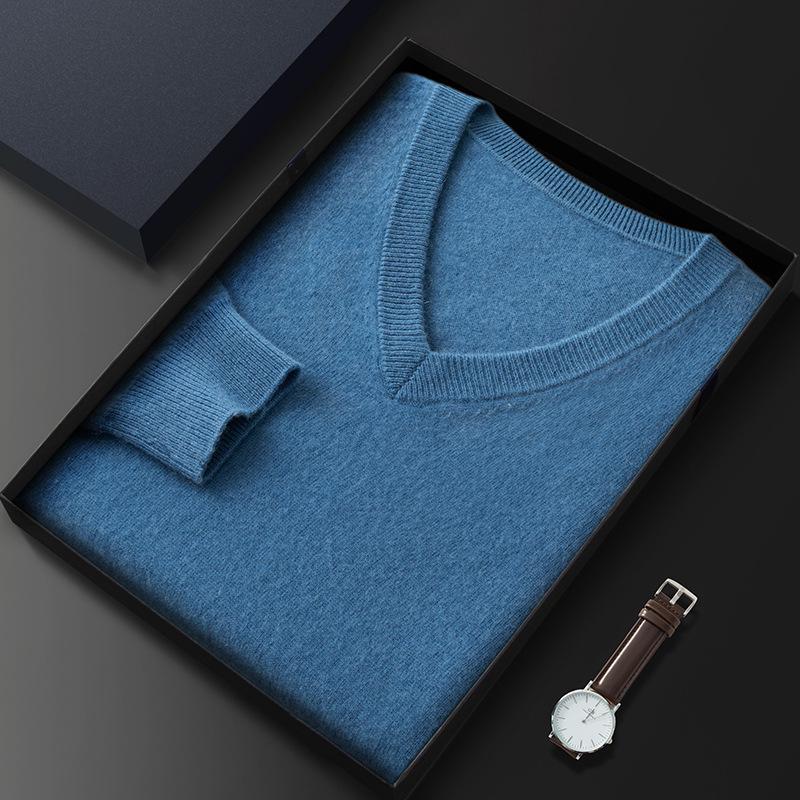 Men's V-Neck Cashmere Sweater - Long-Sleeved Business Knit for Autumn and Winter