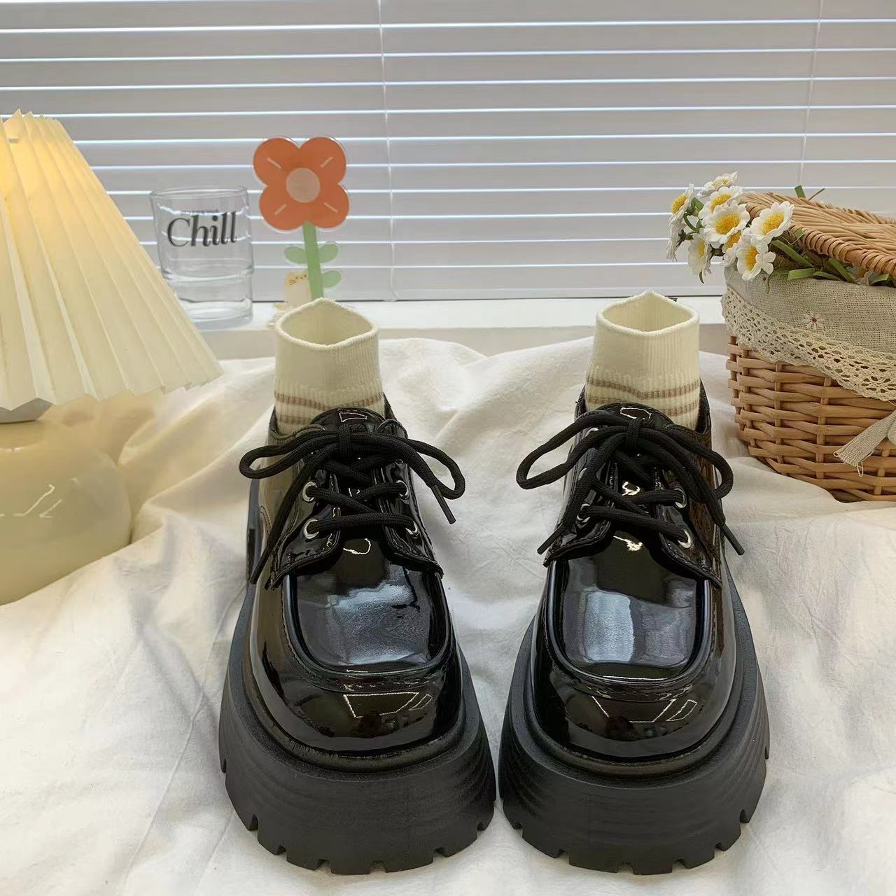 

Black lace-up small leather shoes women s British college style new versatile thick-soled heightening retro single shoes 35