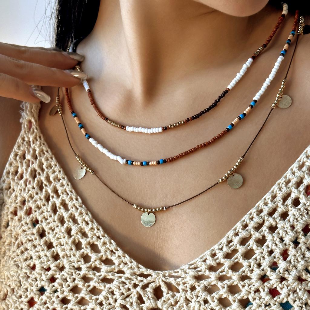 Bohemian Style Multilayer Beaded Necklace With Geometric Elements For Women