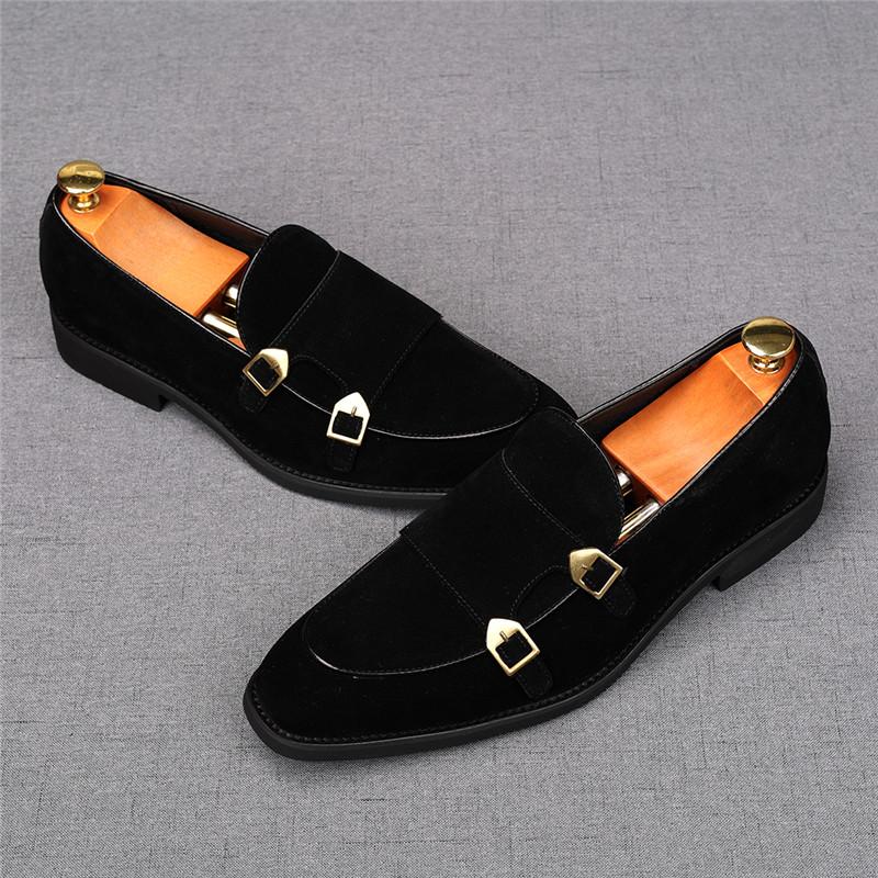 Fashion Fashion New Men's Pointed Toe Suede Leather Flats Shoes Male Designer Monk Strap Loafter Homecoming Wedding Dress Footwear