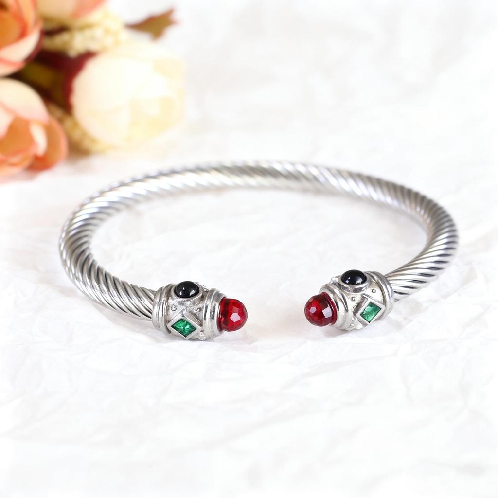 Stylish European-American 18K Gold Stainless Steel Wire Bracelet for Women, Geometric Open Design, Inlaid with Colored Diamonds, Colorfast.