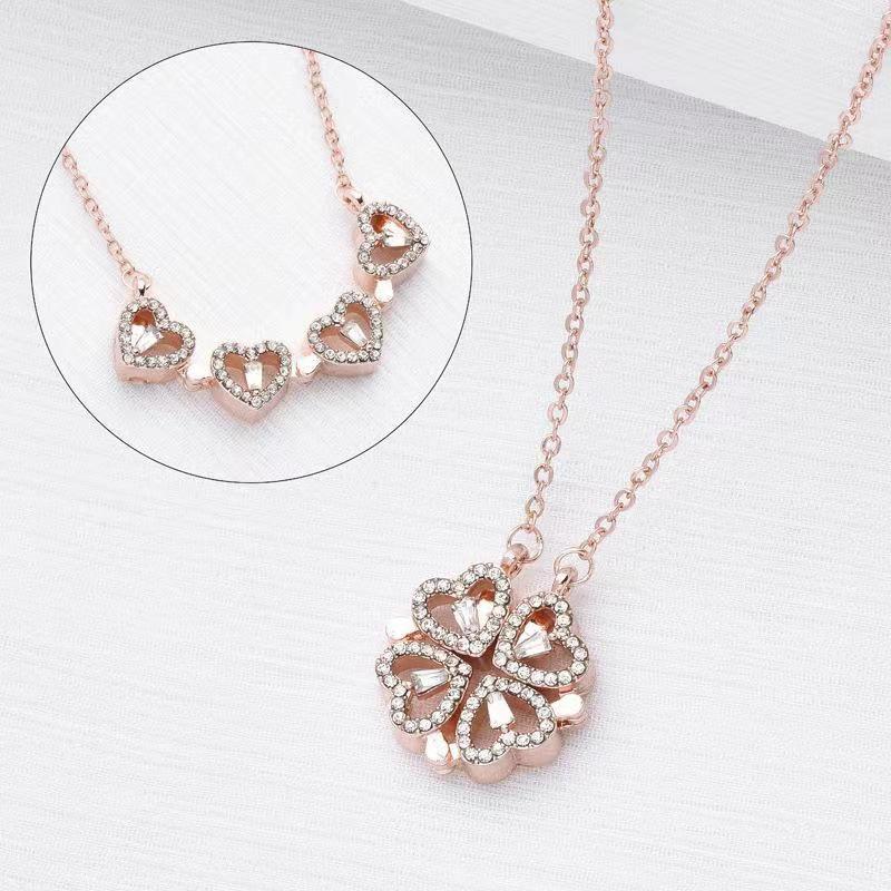 Four-Leaf Clover Multi-Wear Folding Clavicle Necklace with Full Diamond Love Design