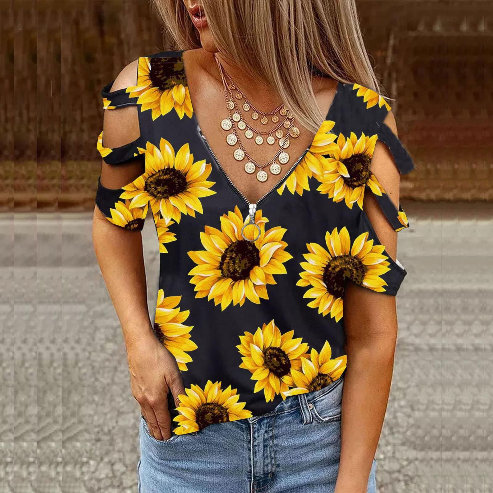 

Модный женский повседневный свободный топ с v-образным вырезом и короткими рукавами на молнии с открытыми плечами и принтом XL жёлтый