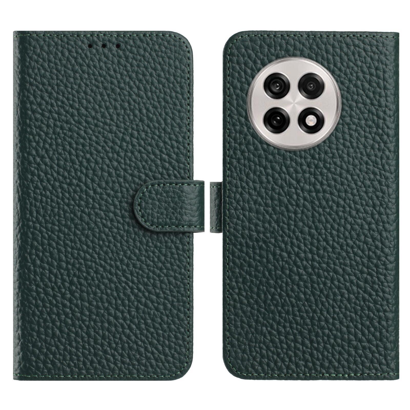 

For OnePlus 13R 5G Case Wallet Stand Litchi Texture Genuine Cow Leather Flip Phone Cover Green