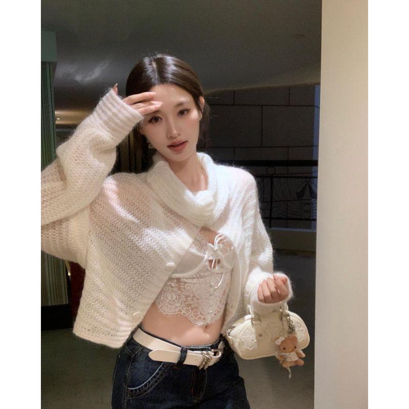 

French white mohair Knitting Cardigan Outwear women s autumn lazy style Elegant Loose Slim Looking Long sleeves soft waxy Sweater White S