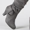 Autumn Winter Mid-calf Boots Women Fashion Grey Red Black Flock Boot Ladies Buckle High Heels Footwear Party Shoes for Girls