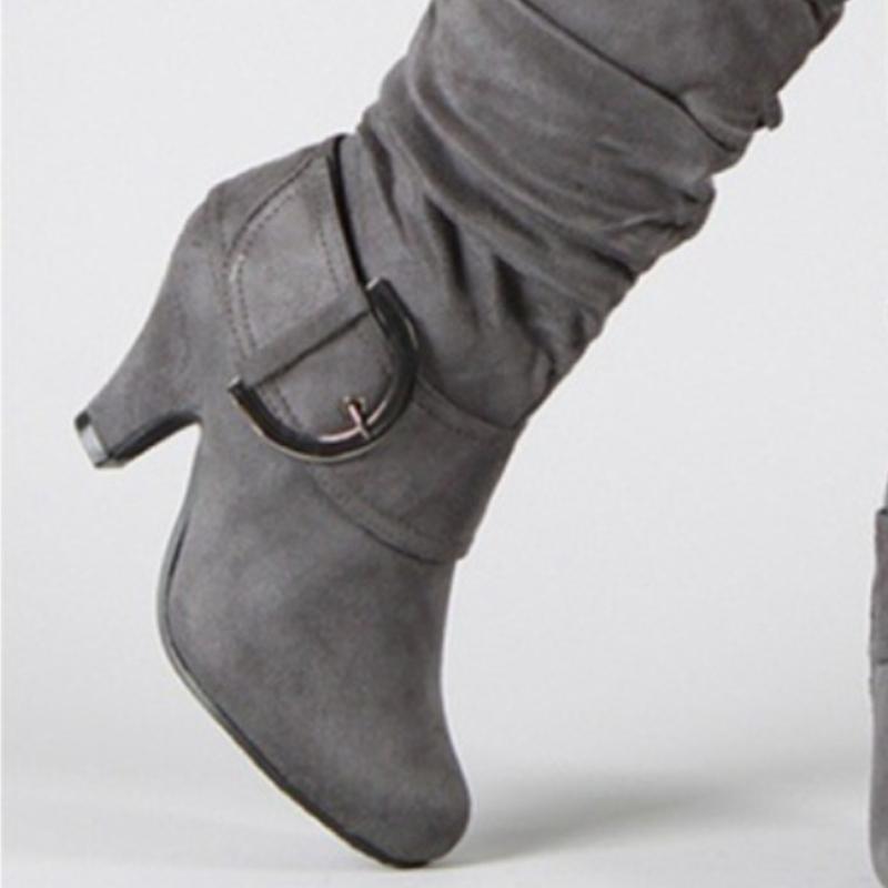 Autumn Winter Mid-calf Boots Women Fashion Grey Red Black Flock Boot Ladies Buckle High Heels Footwear Party Shoes for Girls