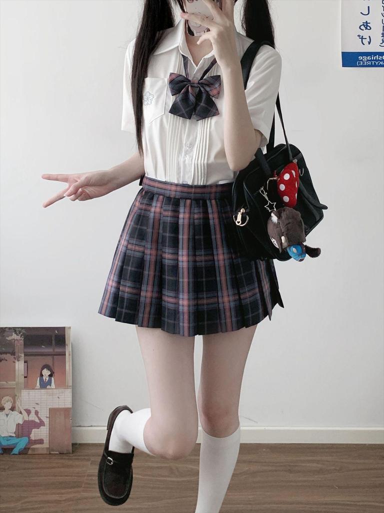 Original JK Meow Meow Gingham Skirt: Authentic Japanese Academy Style, Black and Red Plaid Pleated Half Skirt