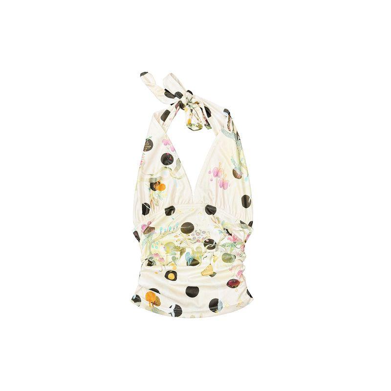 

[In Stock] Ofakiva Fantasy Fruit Fantasy Florals Fruit Polka Dot Print Halter Top Beige S
