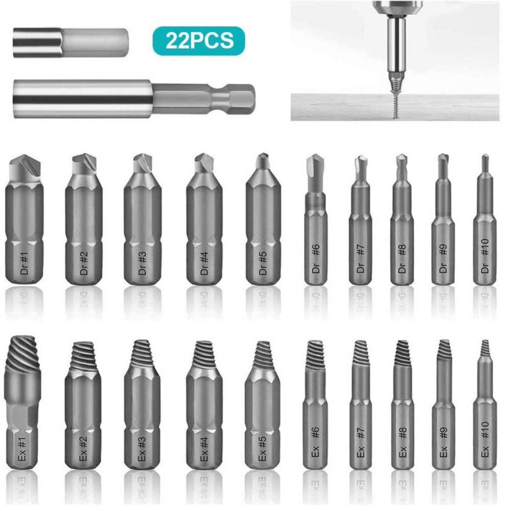 22Pcs Broken Head Screw Extractor Set Broken Bolt Extractor  Stripped Screw Removal