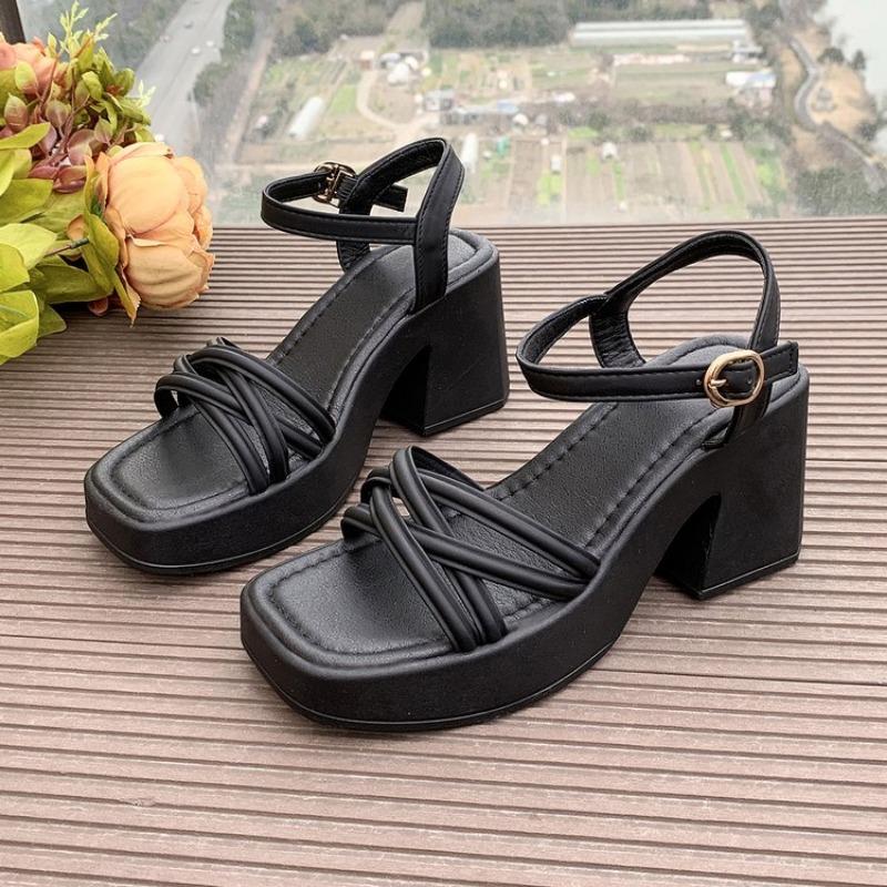 Fashion 2025 New Fashion Summer Open Round Toe Bottom Buckle Shallow Mouth Casual Thick High Heel Large Women's Sandals 35-42