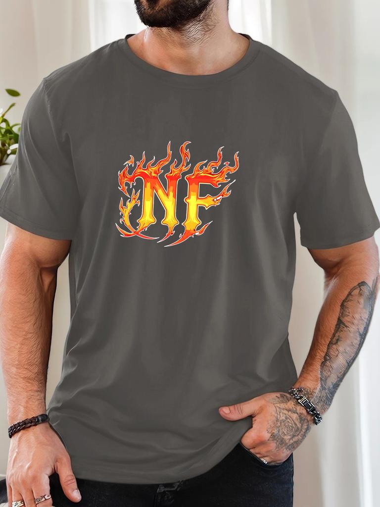 Unisex Black Crew Neck Tee Flame Style Nf Letter Graphic Hip Hop Streetwear Soft Cotton Male Casual Short Sleeve Daily Tops