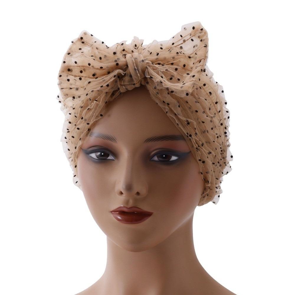 Atmungsaktiver Stoff Polka Dot Netzhaube Falten Spitze Turban Damen Kopftuch Hut Gefaltetes Design Schicke Beanie Mütze Sommersaison