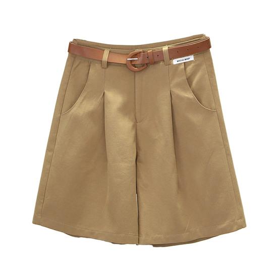 Women Summer Shorts A-line Solid Color With Belt High Waist Suit Shorts Loose Pockets Zipper Button Closure Lady Dating Commute Shorts