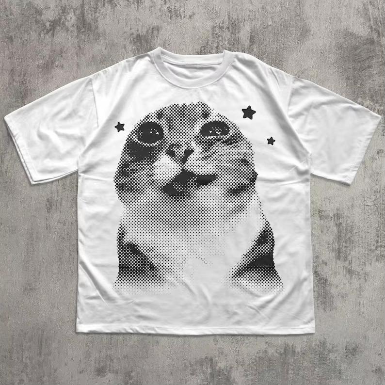Y2k Funny Alien Cat Meme Tshirt Kitten Shirt Vintage Graphic Tee Weird Cats Tshirt 90s Retro Clothes Animal Lover Gift Casual