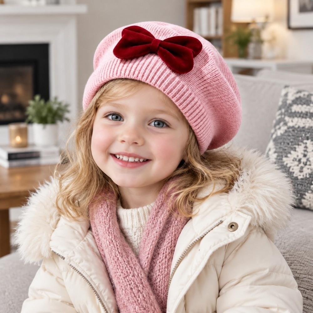 Solid Color Girls Bow Hat Warm Kid Beret Cap Fashion Children Bow Beret  For 6M-3Y