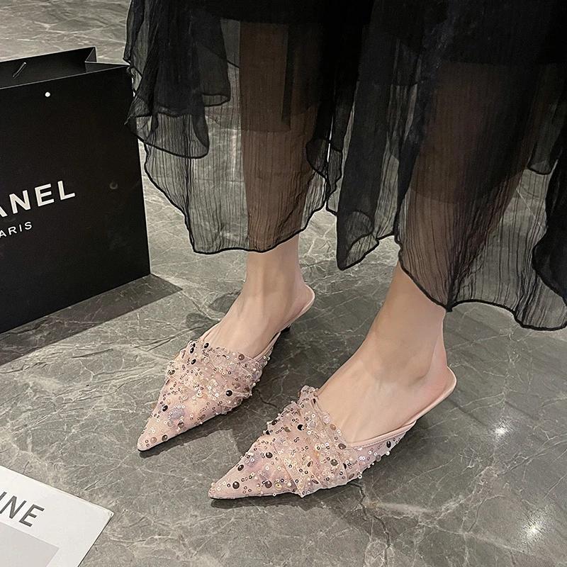 Fashion 2024 Fashion Women's Shoes Baotou Women's Slippers High Quality Sequins Dress Slippers Women Sexy Pointed Toe Heels Womenzapatos