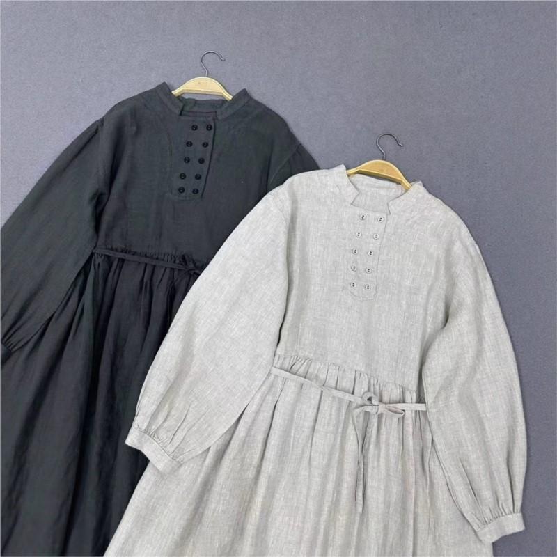 Johnature Spring Autumn Dress Retro Stand Collar Tie Long Sleeve Loose Simple Women Dresses