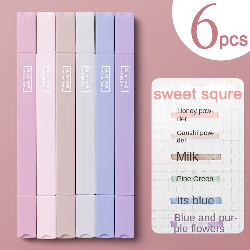 6 Pçs/set Pontas Duplas Marcadores de Canetas Artísticas Kawaii Forma Redonda Manga Caneta Colorida Papelaria Estudantes Suprimentos DIY