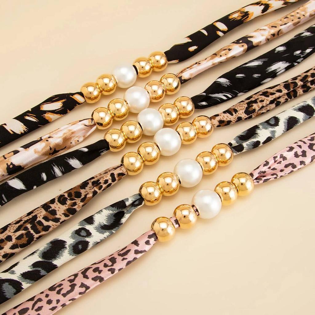 Ingemark 6 Colors Elegant Leopard Print Chiffon Silk Chokers Necklace Women Retro Imitation Pearl Clavicle Chain Party Jewelry