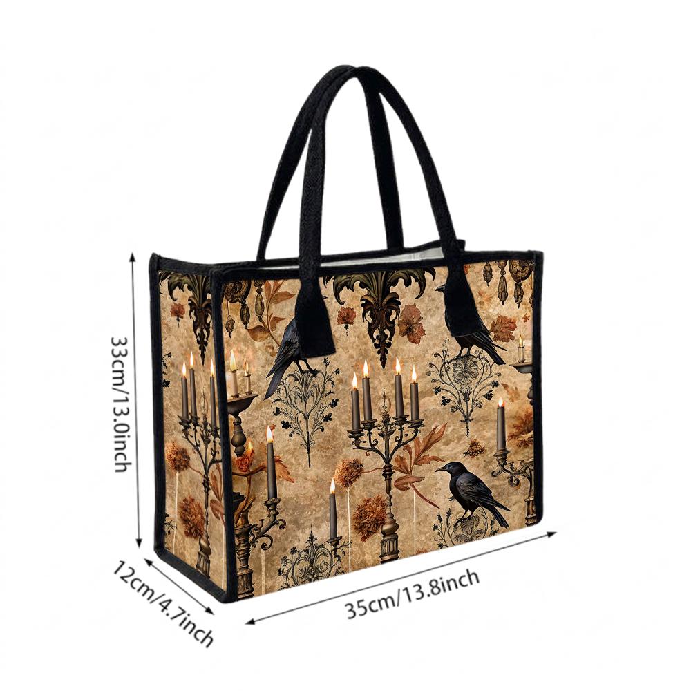 Gothic Raven Candle Print Tote Bag Dark Vintage Style Casual Large Capacity Daily Handbag