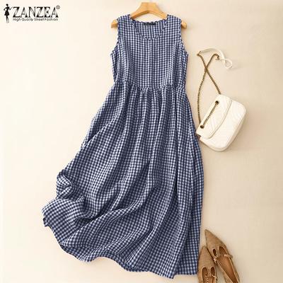 Lässiges ärmelloses Sommerkleid mit O-Ausschnitt und Karomuster für Damen
