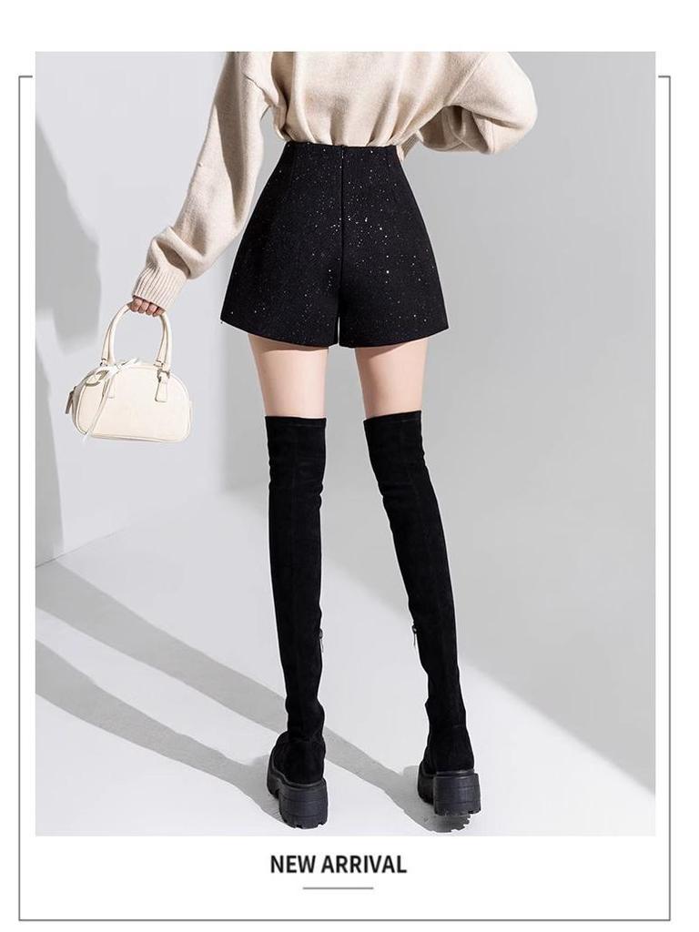 High-Waisted Black Sequin Woolen Shorts for Women - Winter 2026 A-Line Slimming Style, Perfect with Boots and Outerwear