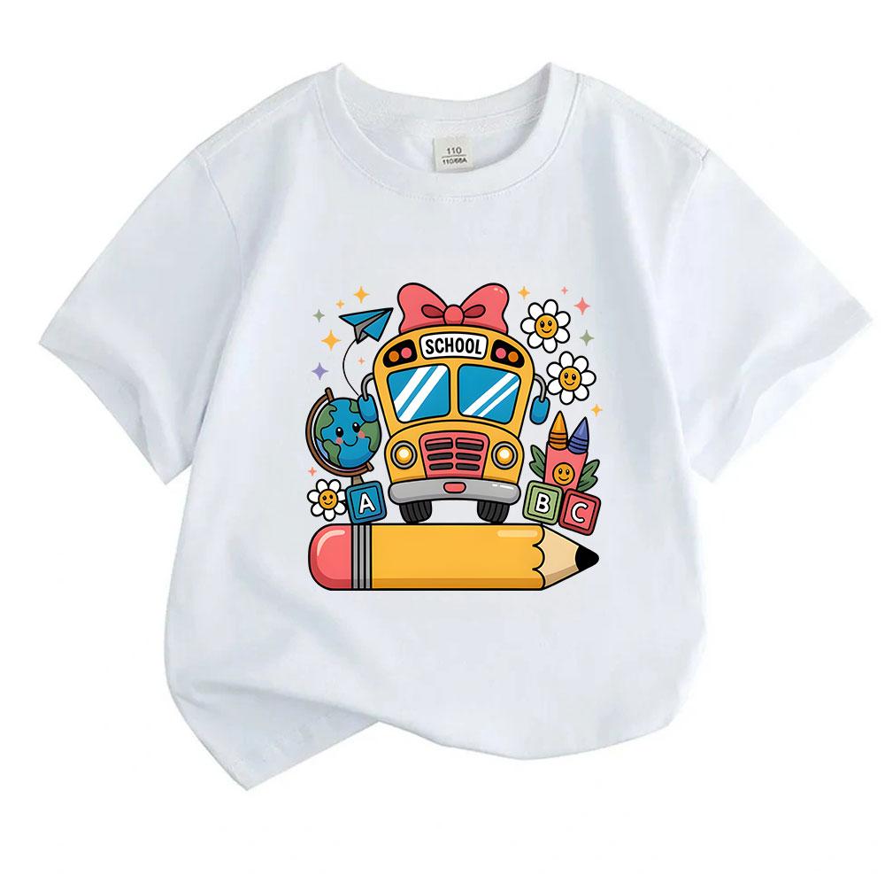 Kids Boys Girls 100% Cotton Crew Neck Short Sleeve T-Shirt, Cute School Bus with Bow Pencil ABC Flower Print Casual Tee for Back To School Daily Wear
